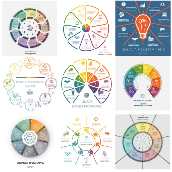 Set 9 plantillas Infografías siete, ocho, nueve posiciones — Archivo Imágenes Vectoriales