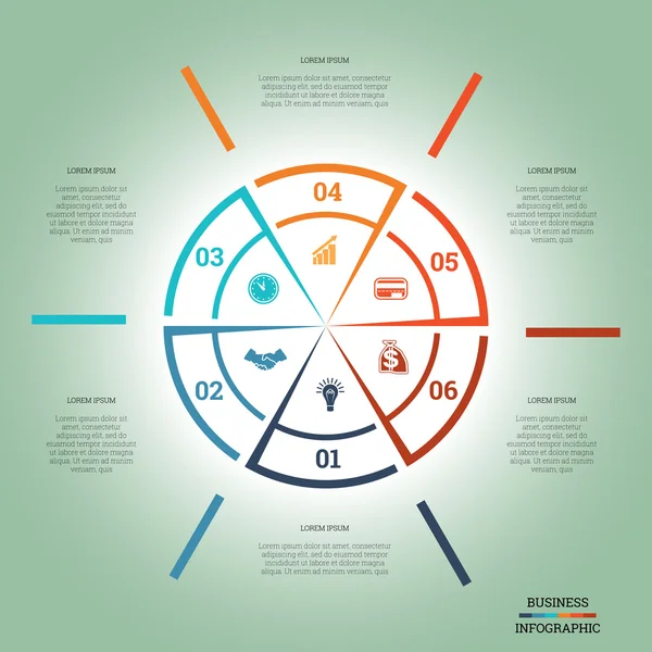 Infographic Pie chart template colourful circle six positions — Stock Vector