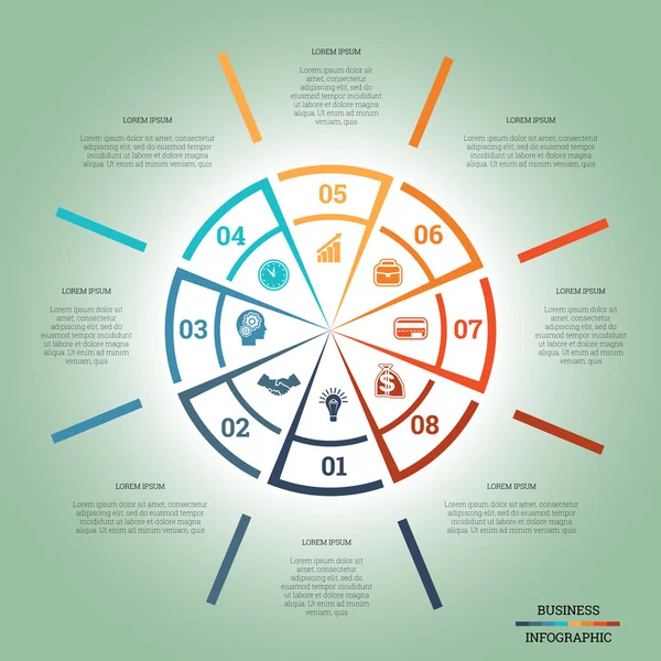 Infografische Tortendiagramm-Vorlage bunter Kreis acht Positionen — Stockvektor