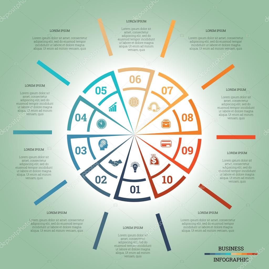 Infographic Pie chart template colourful circle ten positions