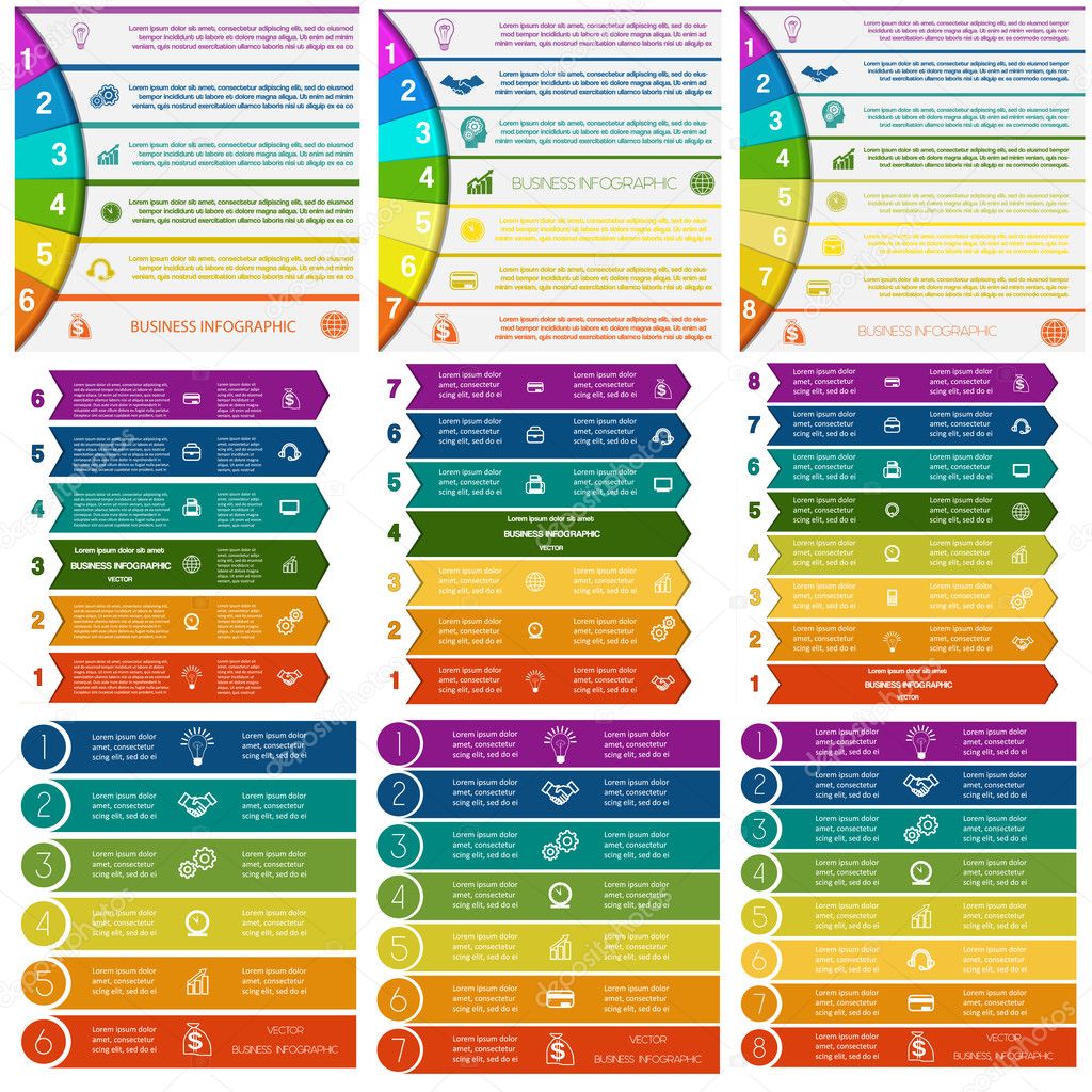 Set 9 templates, Infographics for business conceptual cyclic processes, colorful strips on 6, 7, 8  positions possible to use for work flow, banner, diagram, web design, time line, area