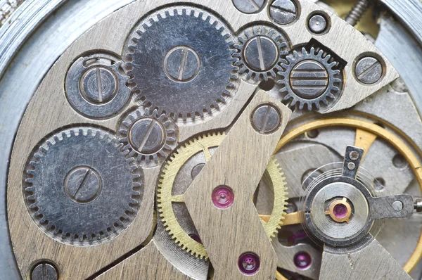 Ruedas dentadas de metal dentro del reloj. Macro . — Foto de Stock