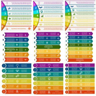 9 şablonları Infographics renkli şeritler ayarlamak 6, 7, 8 üzerinde konum