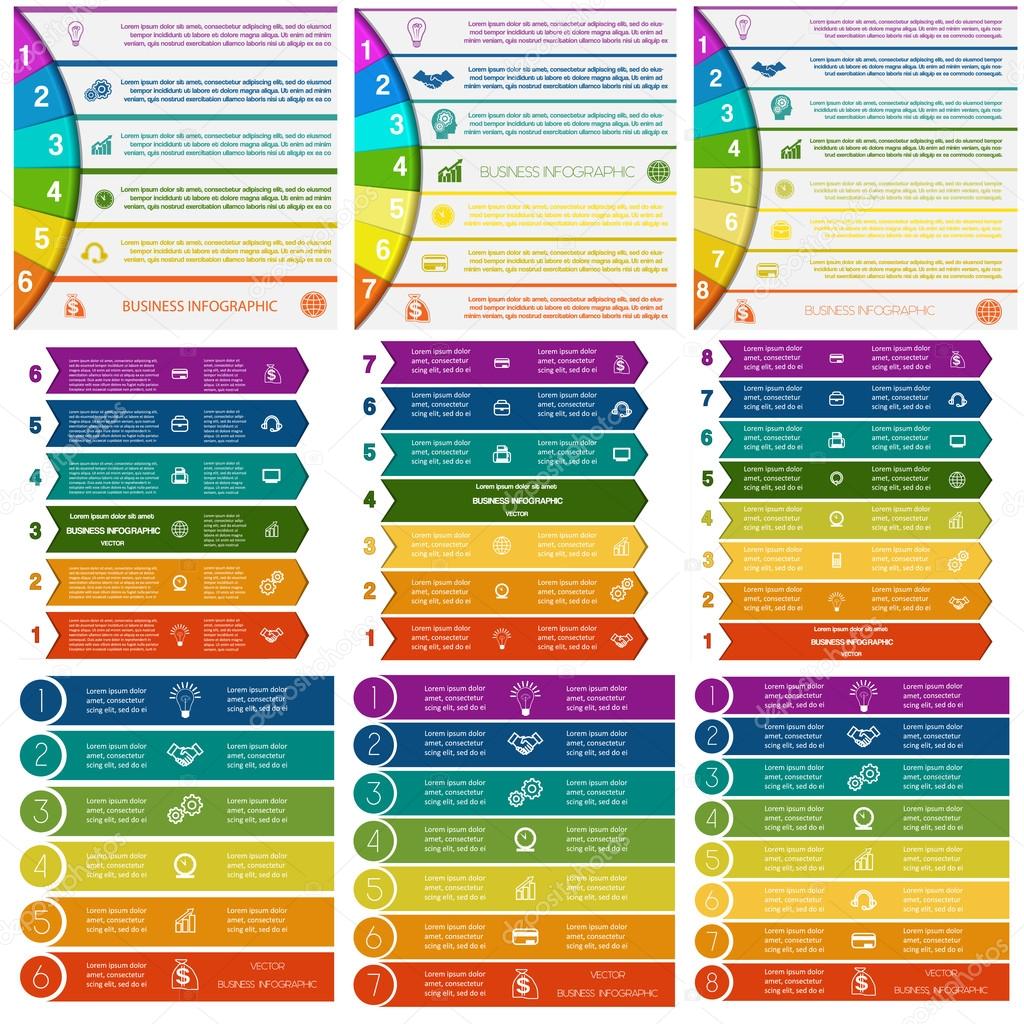 Set 9 templates Infographics colorful strips on 6, 7, 8  positio