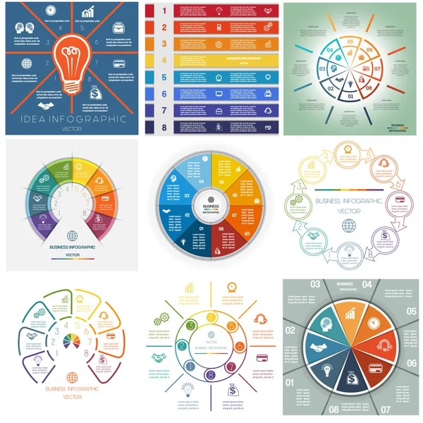 9 Vorlagen gesetzt Infografik Zyklische Prozesse acht Positionen — Stockvektor