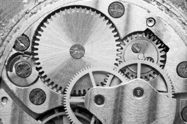 Metal Cogwheels, siyah ve beyaz makro fotoğraf.