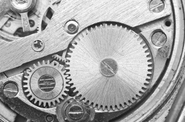 Metal Cogwheels, siyah ve beyaz makro fotoğraf.