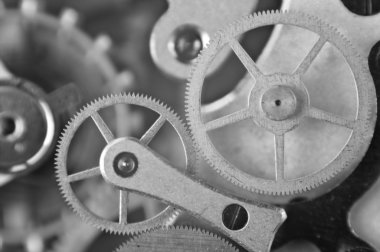 Metal Cogwheels, siyah ve beyaz makro fotoğraf.