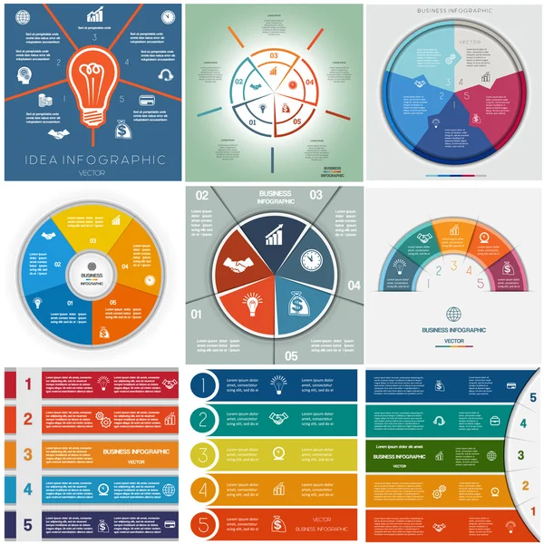 Ställa in 9 mallar Infographics cykliska processer, fem positioner — Stock vektor