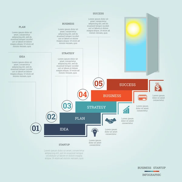 Zakelijke succes opstarten infographics vijf posities — Stockvector