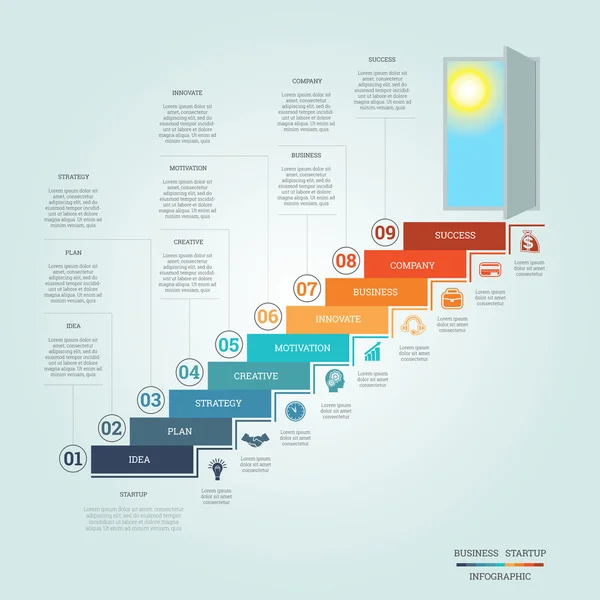 Business startup successo infografica nove posizioni — Vettoriale Stock