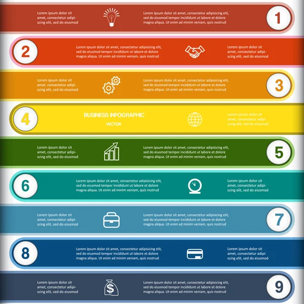 Nummerierte neun mehrfarbige Streifen — Stockvektor