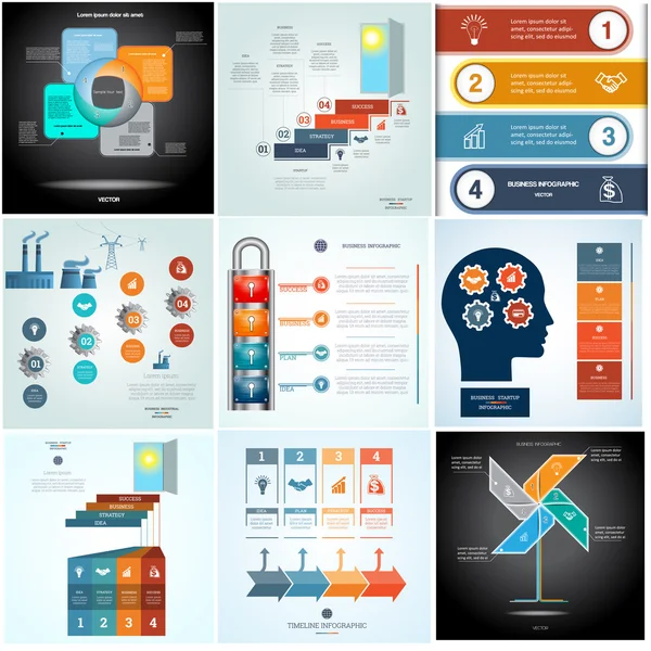 Infografía empresarial moderna 9 plantillas de cuatro posiciones — Archivo Imágenes Vectoriales