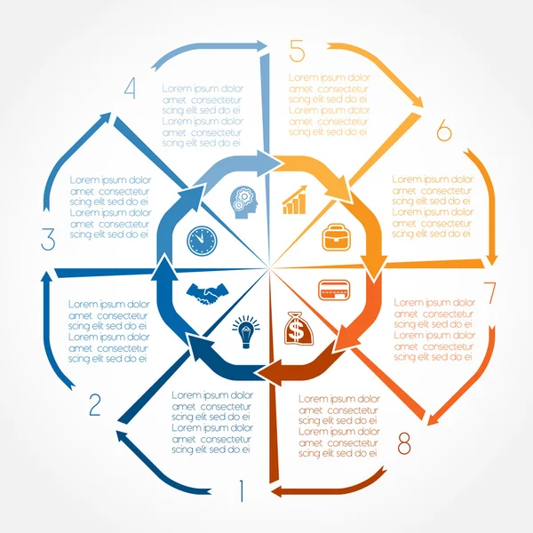 Infografía de flechas de color para ocho posiciones — Vector de stock