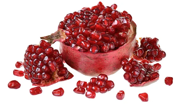 Cut Pomegranate Scattered Grain Isolated White Background — Stock Photo, Image