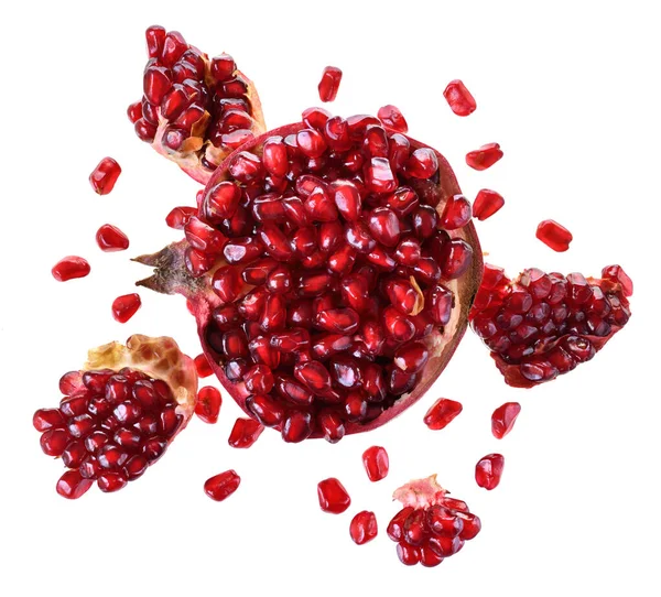 Cut Pomegranate Scattered Grain Isolated White Background — Stock Photo, Image