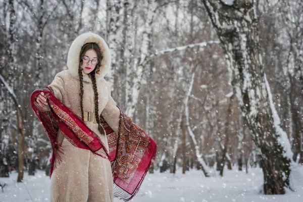 Woman Park Winter Rejoices Snow Spins Dances — Stock Photo, Image