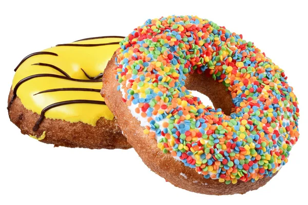 Два Пончика Разноцветной Кондитерской Заправке Изолированы Белом Фоне — стоковое фото