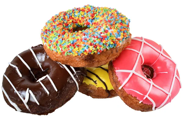 Donuts Fresa Esmalte Plátano Espolvoreos Confitería Multicolores Aislados Sobre Fondo — Foto de Stock