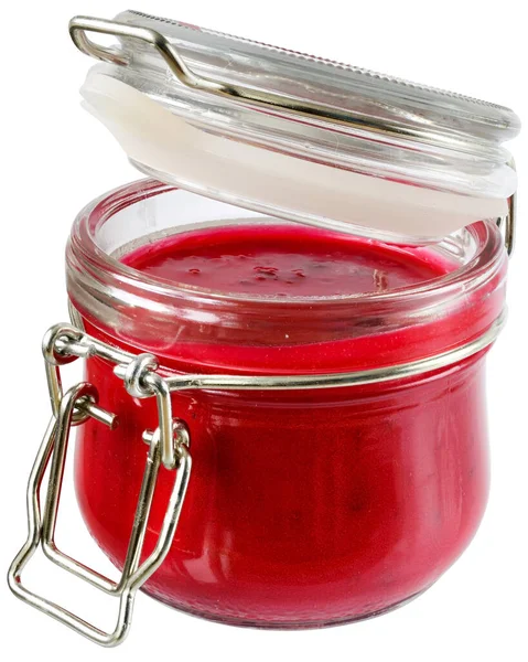 Cream Honey Cherries Open Glass Jar Isolated White Background — Stock Photo, Image