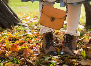 Parkta sonbahar manzarası için aksesuar olarak bot ve çanta..