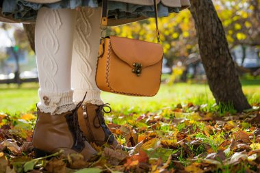 Parkta sonbahar manzarası için aksesuar olarak bot ve çanta..