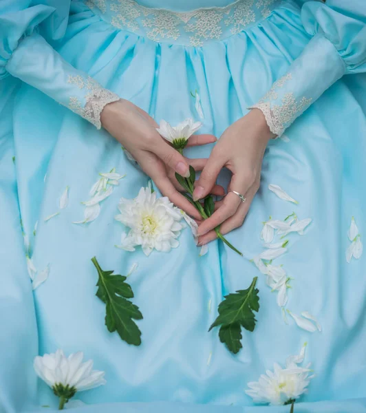 Weibliche Hände Mit Chrysanthemenblüten Großaufnahme Auf Einem Blauen Kleid — Stockfoto