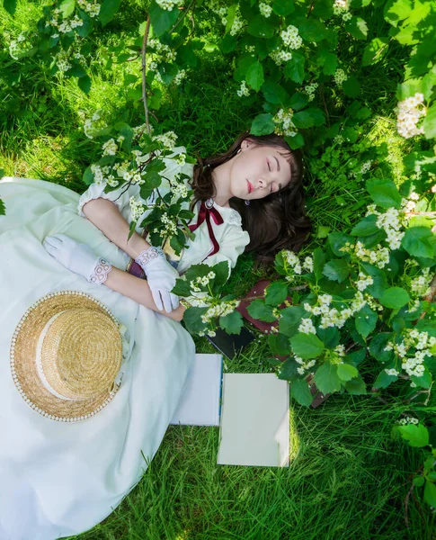 Ragazza Abito Bianco Addormentò Sotto Albero Con Libro Mano — Foto Stock