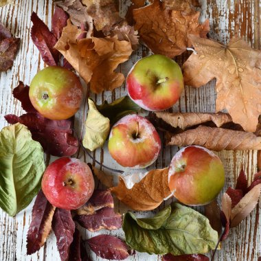 Sonbahar, donmuş elmalar ve ahşap masa üstü manzaralı kuru yapraklarla sakin bir hayat..
