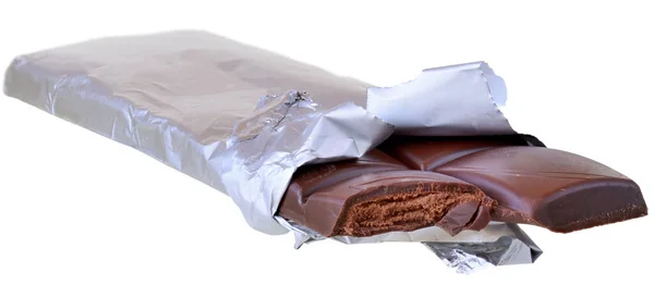 Mörk Choklad Bar Silver Folie Förpackning Ovanifrån Isolerad Vit Bakgrund — Stockfoto
