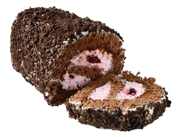 Chocolade Cake Roll Met Crème Vulling Geïsoleerd Witte Achtergrond — Stockfoto