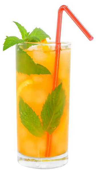 Cocktail with orange juice and ice cubes decorated leaf mint — Stock Photo, Image