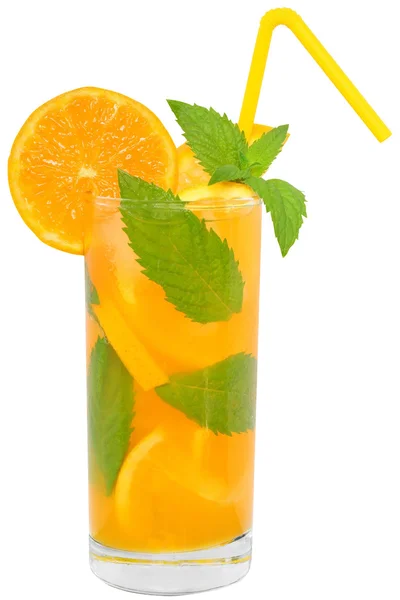 Cocktail with orange juice and ice cubes decorated leaf mint — Stock Photo, Image