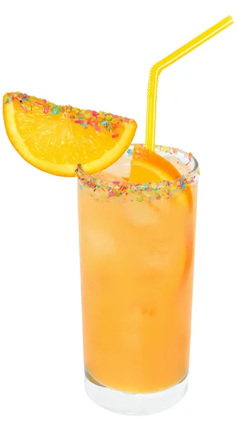 Cocktail com suco de laranja e cubo de gelo decorado com multicolo — Fotografia de Stock