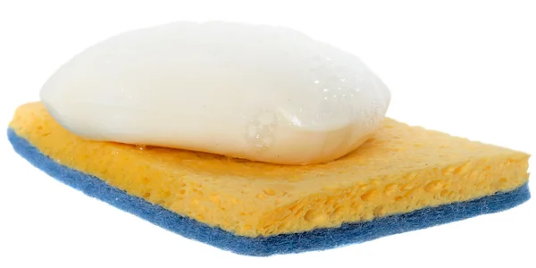 Wet soap with foam on the cleaning sponge — Stock Photo, Image