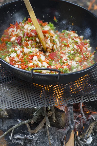 Barbacoa Paella Arroz Verdura España Cocinero Tradicional Comer Mediterania Dieta —  Fotos de Stock