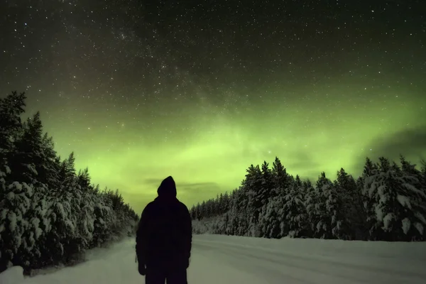 Kuzey ışıkları Aurora Borealis izleyen bir adamım silüeti