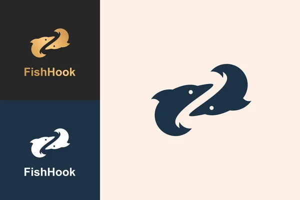 Logo Pescado Doble Con Una Cola Forma Anzuelo Concepto Diseño — Vector de stock