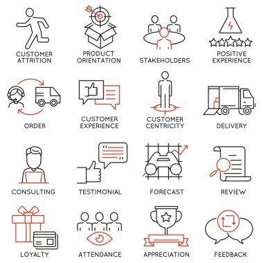 İşletme Yönetimi, strateji ile ilgili 16 simgeler vektör kümesi,