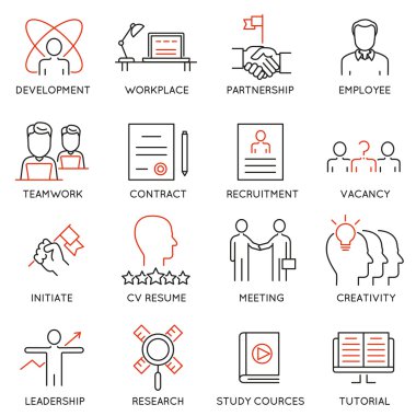 İşletme Yönetimi, strateji, kariyer ilerleme ve iş süreci ile ilgili 16 simgeler vektör kümesi. Mono line sembollerin ve infographics tasarım öğeleri - Bölüm 46