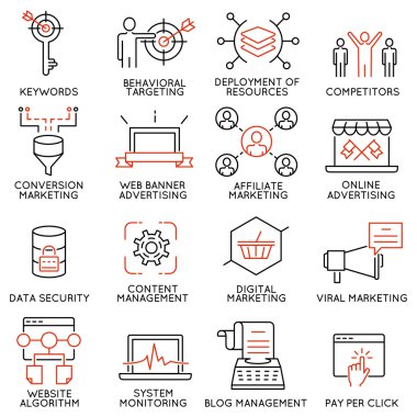 İşletme Yönetimi, strateji, kariyer ilerleme ve iş süreci ile ilgili 16 simgeler vektör kümesi. Mono line sembollerin ve infographics tasarım öğeleri - Bölüm 45
