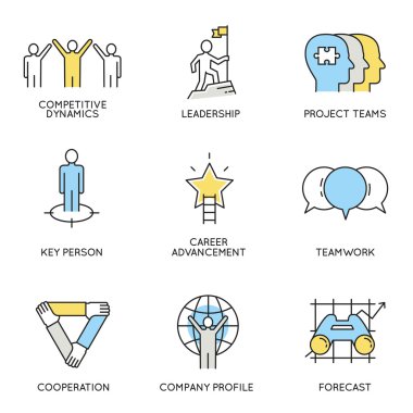 İş, Kurumsal Yönetim çalışan organizasyon ve müşteri ilişkileri yönetimi ile ilgili simgeler kümesi vektör. Düz çizgi sembollerin ve infographics tasarım öğeleri - Bölüm 4