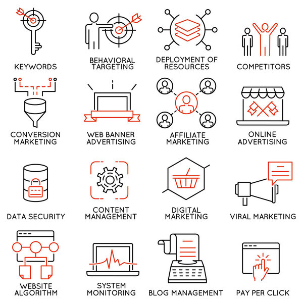 Векторный набор 16 икон, связанных с бизнес управление, стратегия, карьера прогресс и бизнес процесса. Моно линии пиктограммы и Инфографика дизайн элементов - часть 45