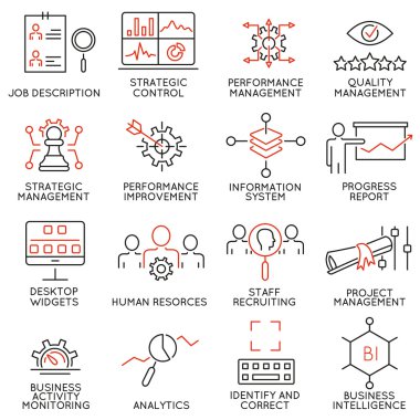 Vektör ile ilgili 16 çağdaş ince çizgi simgeler kümesi strateji yönetim sistemi ve Kurumsal karne. Tasarım basit mono satır sembollerin ve infographics sembolleri - Bölüm 2