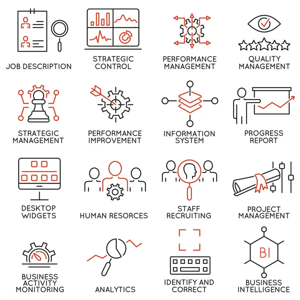 Vektör ile ilgili 16 çağdaş ince çizgi simgeler kümesi strateji yönetim sistemi ve Kurumsal karne. Tasarım basit mono satır sembollerin ve infographics sembolleri - Bölüm 2