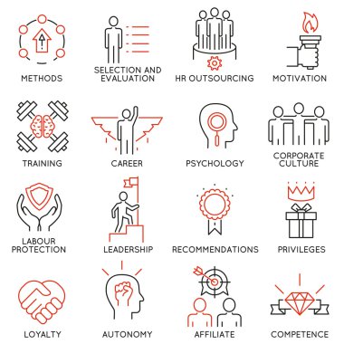 Başarı, liderlik gelişimi, kariyer ilerleme ve kişisel eğitim için çabası için ilgili 16 doğrusal ince simgeler vektör kümesi. Mono line sembollerin ve infographics tasarım öğeleri - Bölüm 1