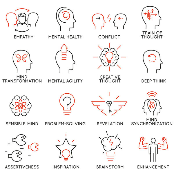 Vector set of 16 linear thin icons related to striving for success, leadership development, career progress and personal training. Mono line pictograms and infographics design elements - part 8