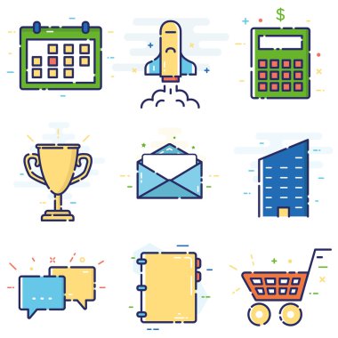 Vektör modern şık daire doğrusal simgeler kümesi temel, ofis, öğeleri, iş yönetimi, web ve uygulama tasarım ve Geliştirme - Bölüm 5 için sosyal medya pazarlama