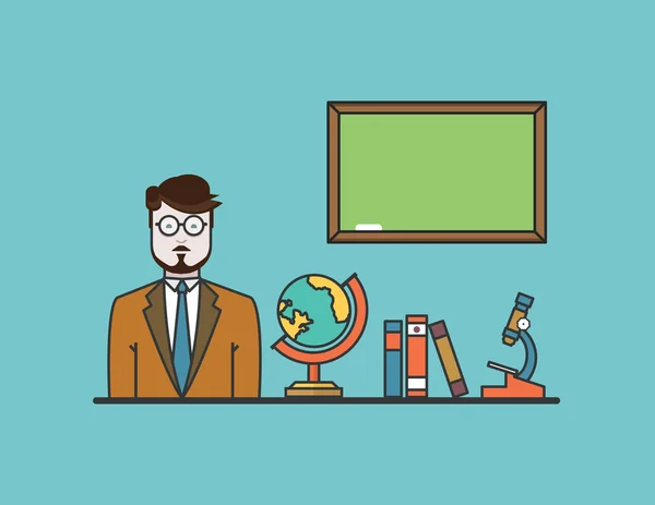 Professeur avec des objets scolaires. Style design plat — Image vectorielle