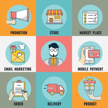 düz kavramı Infographic sürecinin hizmet alışveriş telefon vektör. sipariş ve teslimat 